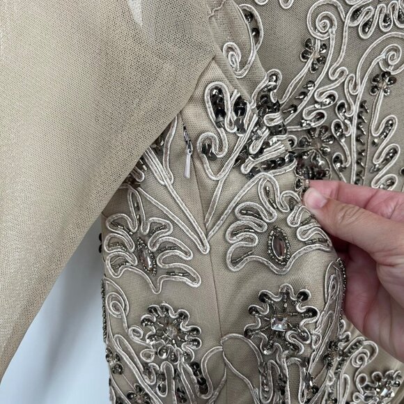 Sue Wong Nocturne Womens Beaded Knee Length Dress Gown Size 2 Tan Beige Sheer - Picture 6 of 10